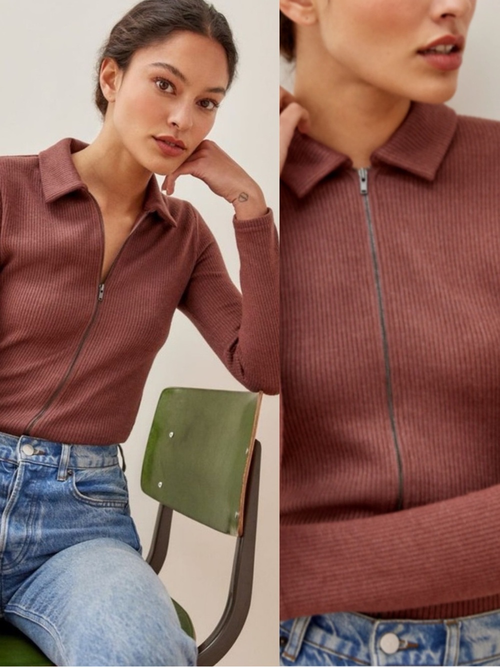 Reformation | Cinnamon Griet Collared Zip Knit Ribbed Sweater